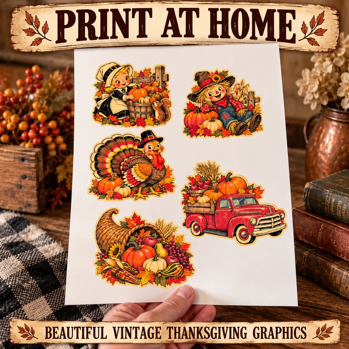 Vintage Thanksgiving Clipart Bundle | 5 Transparent PNGs | Retro Turkey, Scarecrow, Red Truck, Cornucopia, Pilgrim | Digital Download
