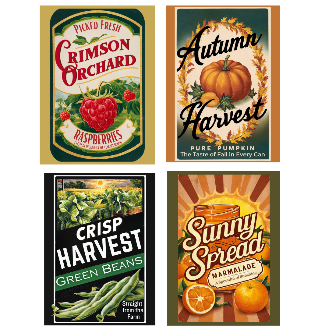 12 Printable Farmhouse Canning Art Prints - Retro Fruit & Vegetable Designs / 1950s Inspired