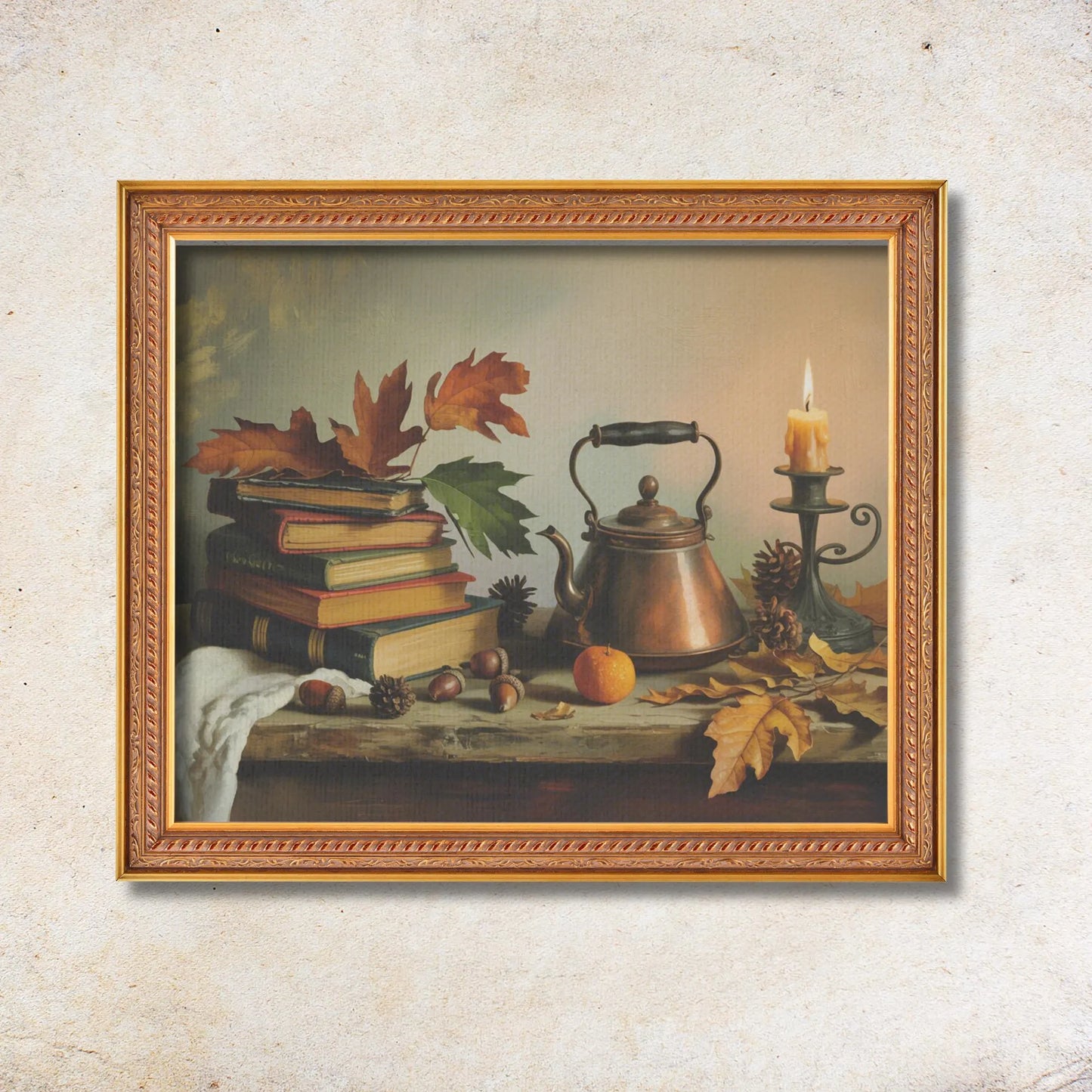 Dark Academia Fall Art Print | Autumn Still Life with Books, Candle & Tea Kettle | Cozy Wall Decor Download