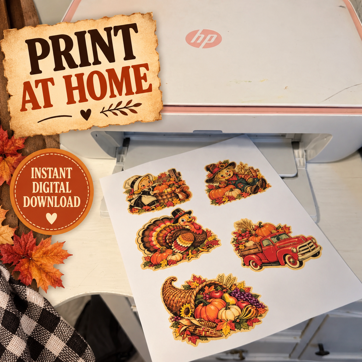 Vintage Thanksgiving Clipart Bundle | 5 Transparent PNGs | Retro Turkey, Scarecrow, Red Truck, Cornucopia, Pilgrim | Digital Download