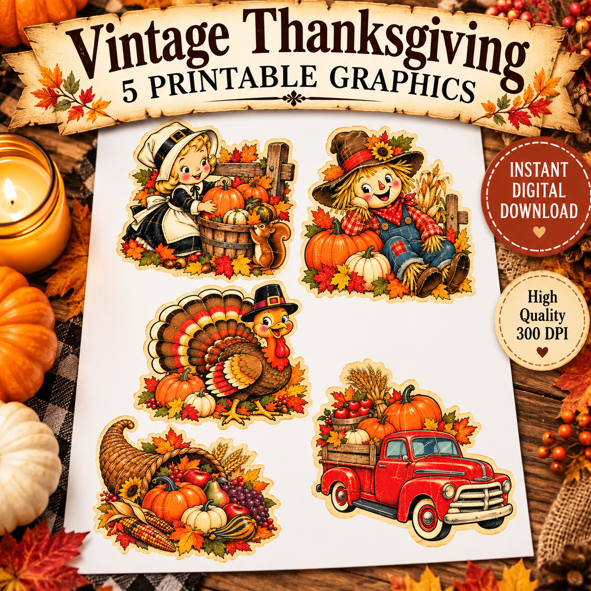 Vintage Thanksgiving Clipart Bundle | 5 Transparent PNGs | Retro Turkey, Scarecrow, Red Truck, Cornucopia, Pilgrim | Digital Download