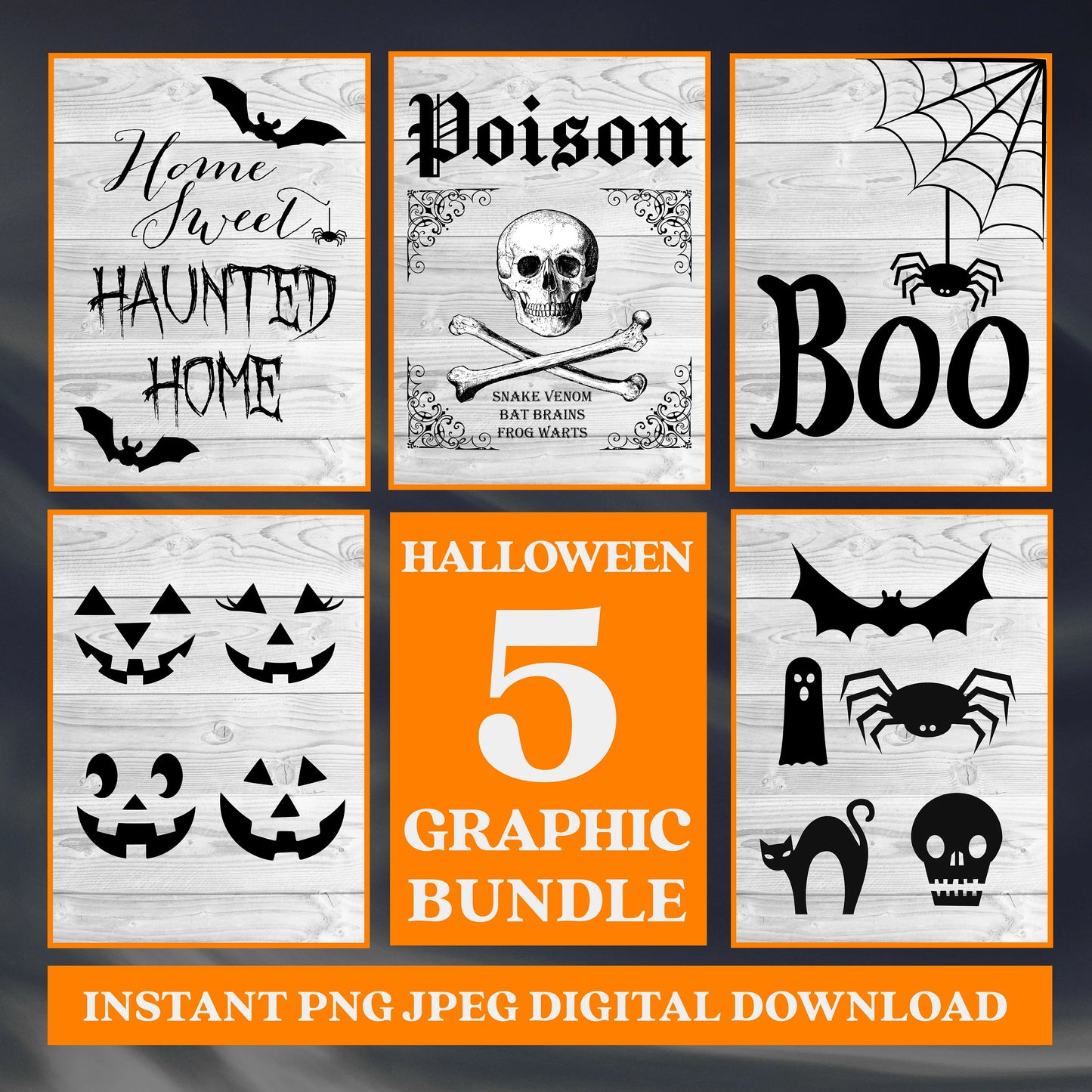 Halloween Bundle 5 Spooky Instant digital downloads PNG JPEG SVG