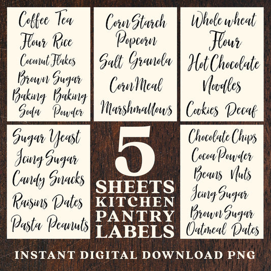 5 Sheets Kitchen Pantry Labels Instant Digital Download PNG