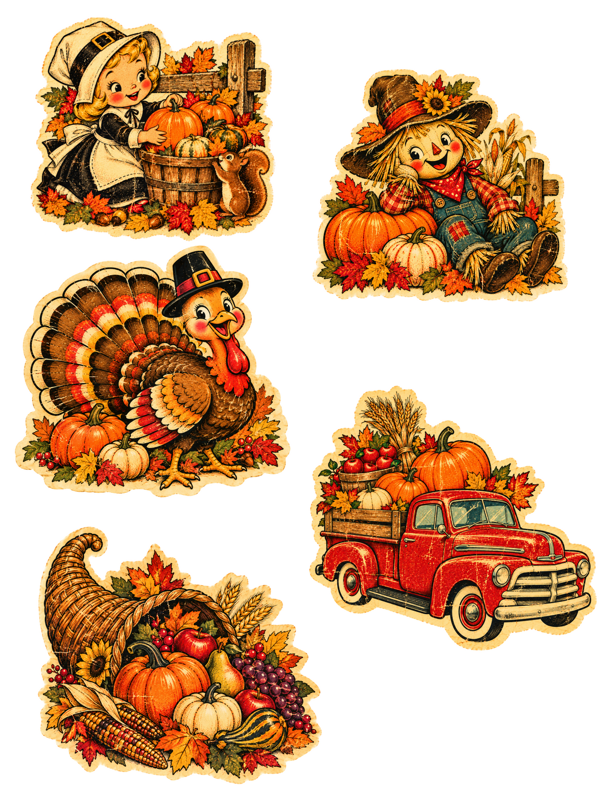 Vintage Thanksgiving Clipart Bundle | 5 Transparent PNGs | Retro Turkey, Scarecrow, Red Truck, Cornucopia, Pilgrim | Digital Download