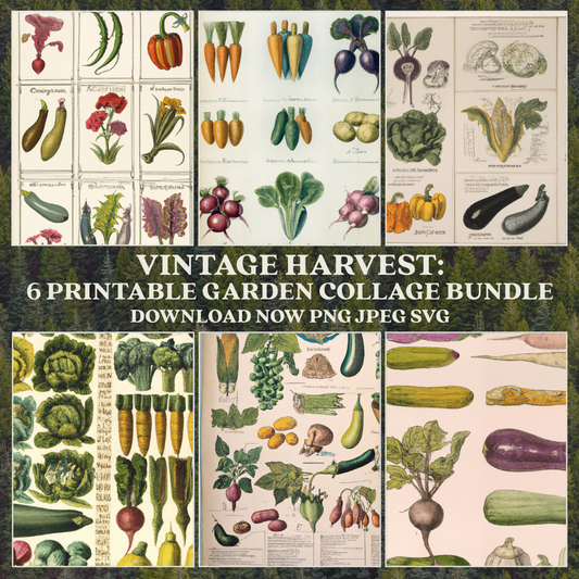 Vintage Harvest: 6 Printable Garden Collage Bundle Download Now PNG JPEG SVG