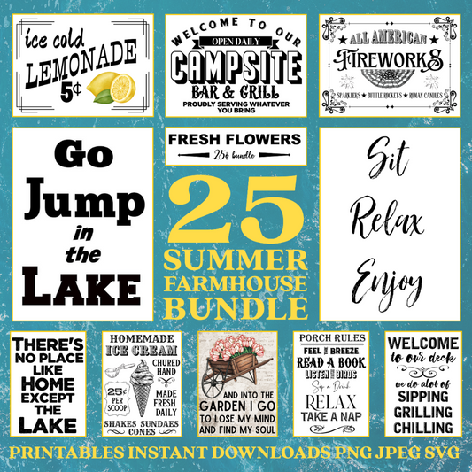 25 Summer Farmhouse Bundle Printables Instant Downloads PNG JPEG SVG